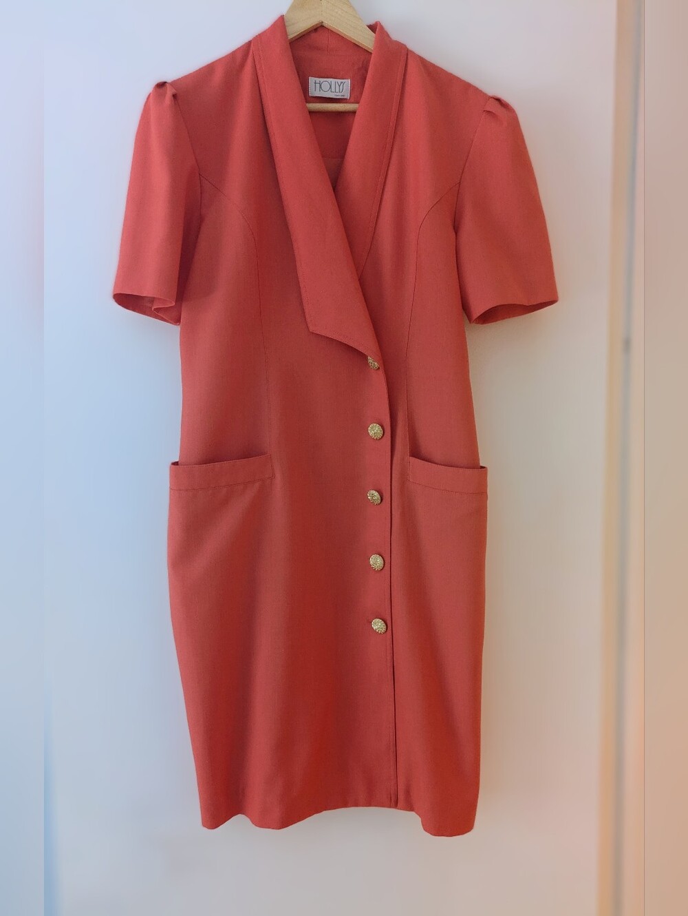 Vintage Coral Linen Midi Dress with Gold Buttons - Size 10
